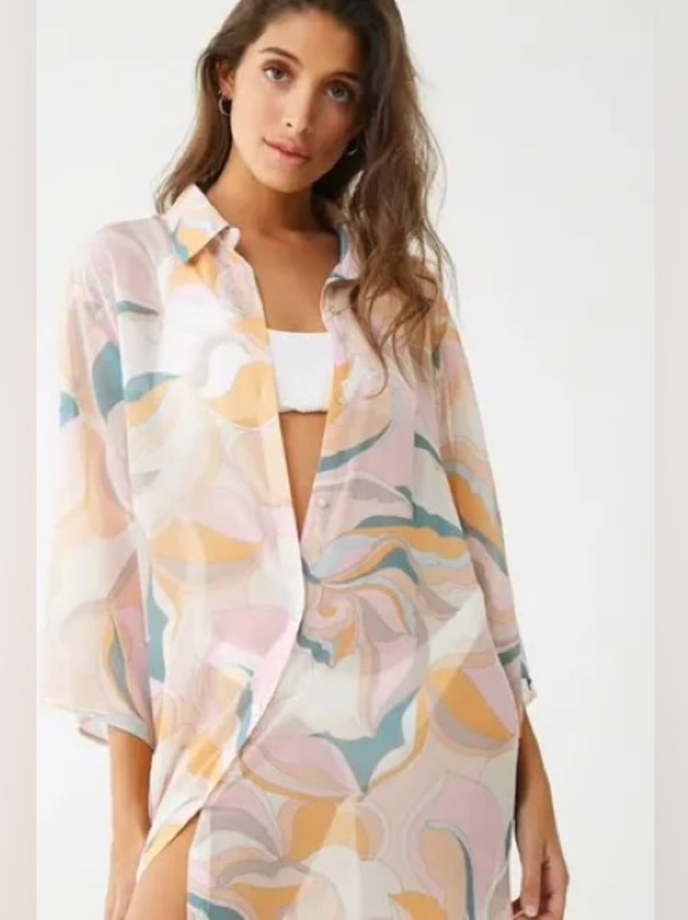Retro Pastel Swirl Button-Up Shirt Swimsuit Cover Up - Pink/Yellow/Blue